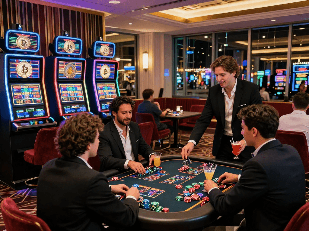 Exciting crypto casino gaming atmosphere with players and vibrant decor.