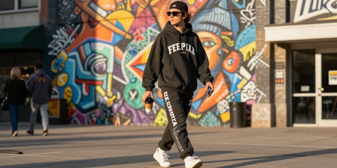 Felpa trapstar indossata in un contesto urbano con arte di strada.