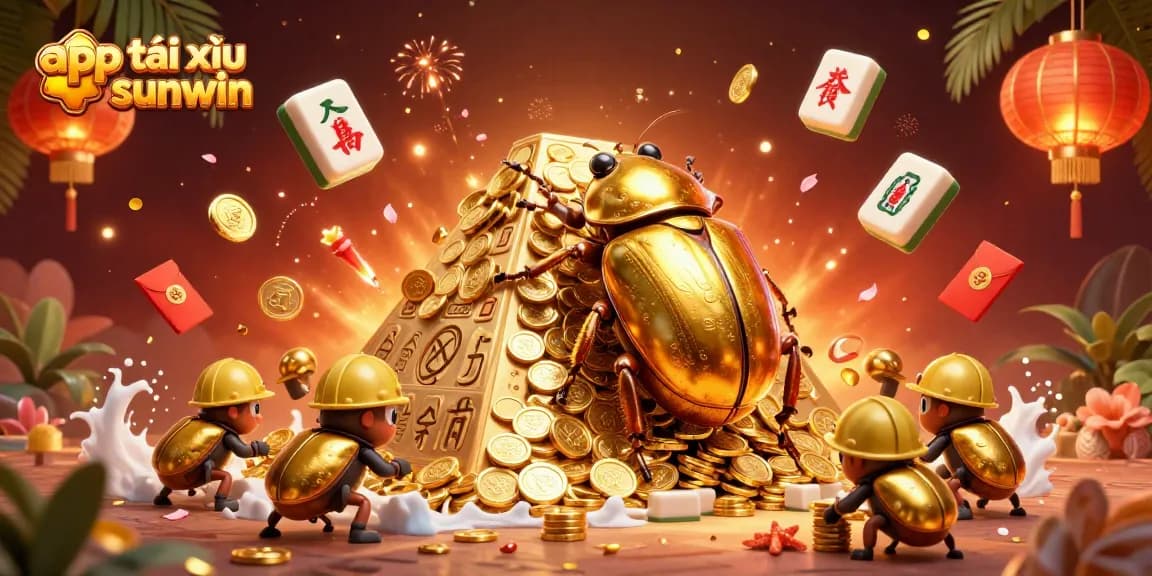 Engage with app tài xỉu sunwin, as a golden dung beetle rolls coins in a vibrant casino scene.