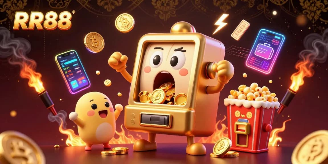 Play thrilling slot games at RR88 with a jackpot-winning golden machine and energetic cheering cast.