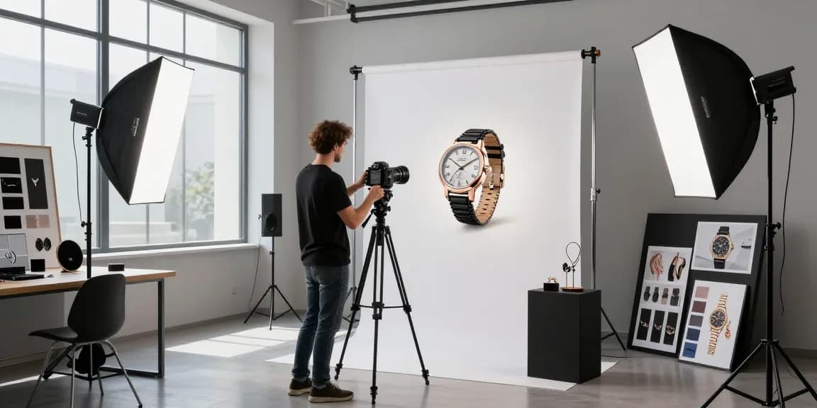 Fotografo esperto che mostra un orologio elegante nella fotografia di prodotto Milano per e-commerce.