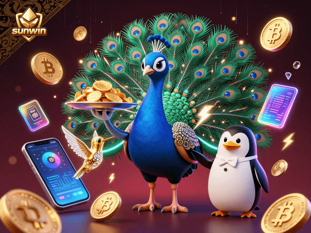Experience the excitement of sunwin with a vibrant, enchanting casino scene featuring unique characters and crypto elements.