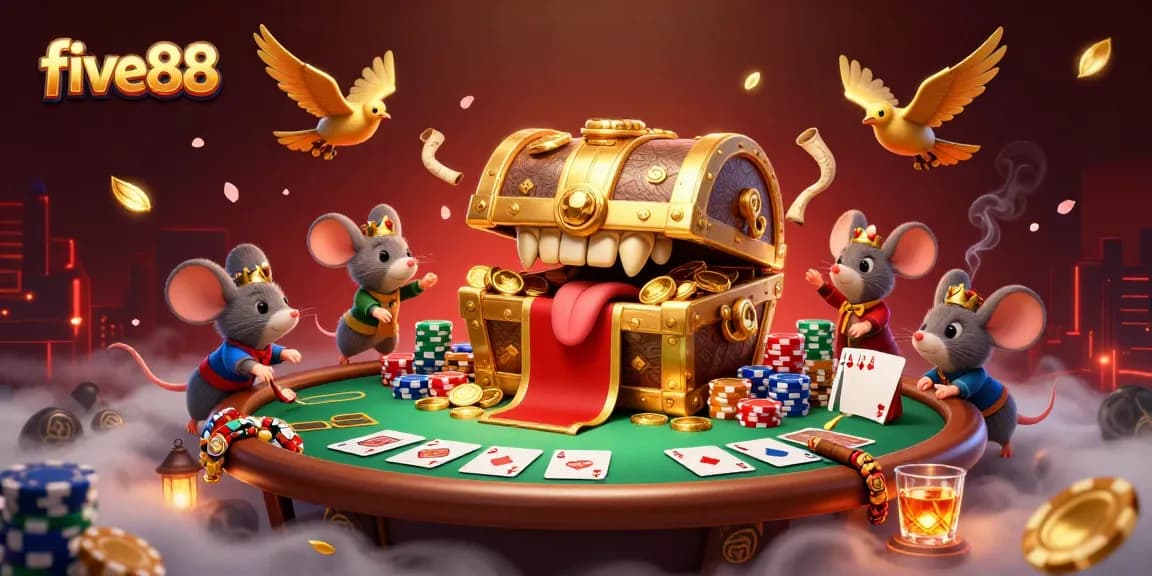 Experience thrilling games at five88 as adventure mice chase golden riches in this vibrant scene.