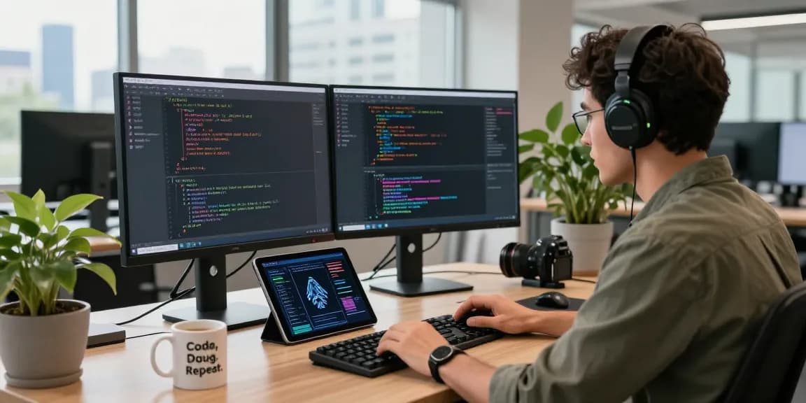 Software engineer coding generative AI models in a modern office
