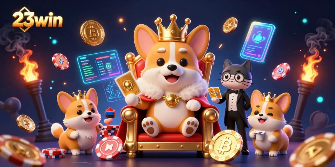 Play and win big with 23win, featuring a corgi royal throne and crypto elements