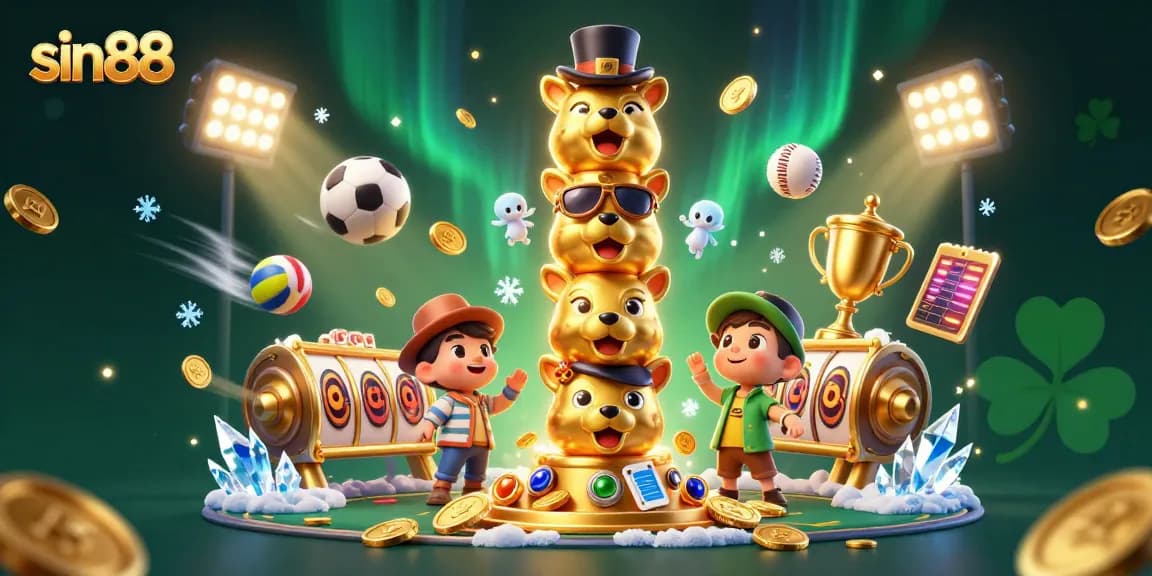 Experience sin88's excitement with a vibrant illustration featuring casino elements and a totem pole.
