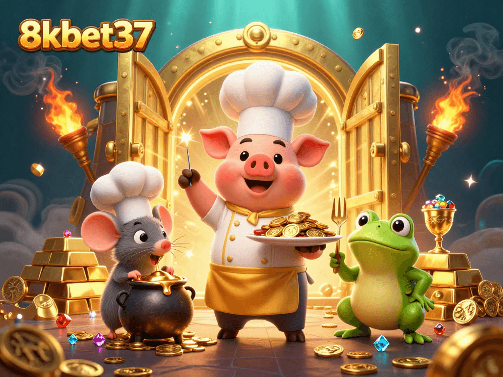 Bet on gameplay excitement at 8kbet37 with a pig chef serving golden treasures and fun!