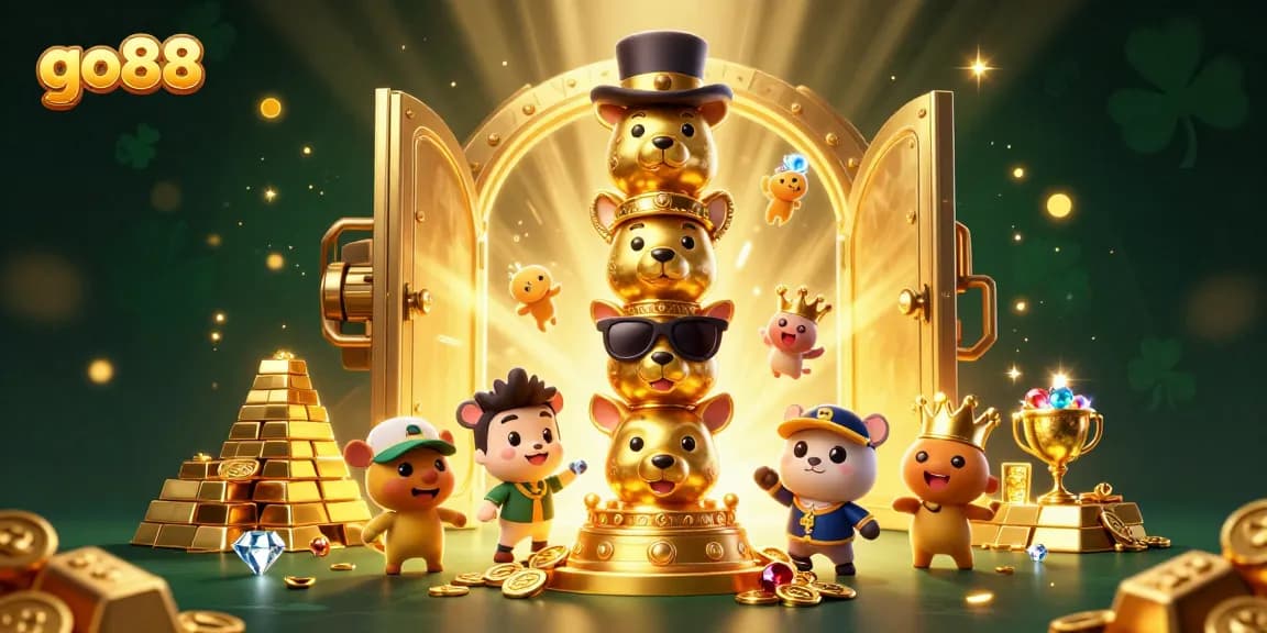 Engage with go88’s thrilling gaming adventure featuring a colorful casino totem pole and treasure elements.