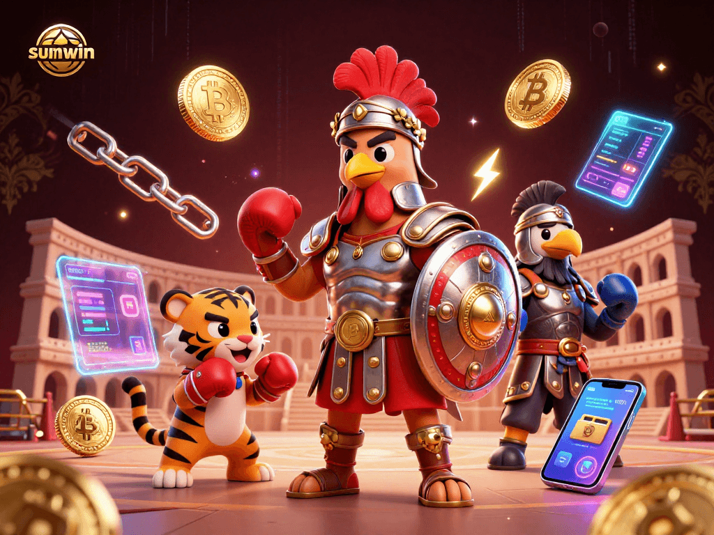 Engage with sunwin's thrilling 3D gladiator rooster and tiger cub, surrounded by cryptocurrency excitement.