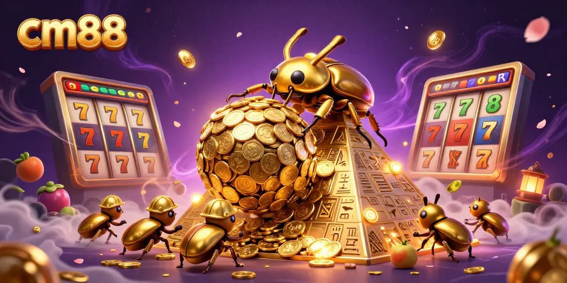 Play exciting jackpot games at cm88, featuring a golden dung beetle rolling coins amidst vibrant casino elements.