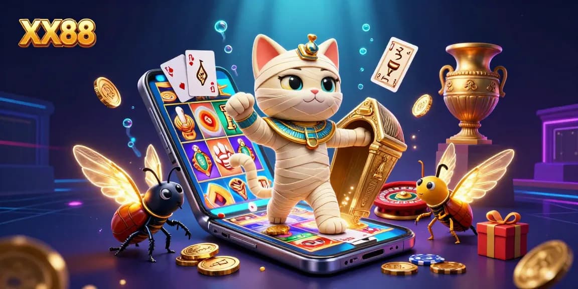 Experience the thrill of XX88 as an Egyptian mummy cat emerges in a vibrant casino scene.