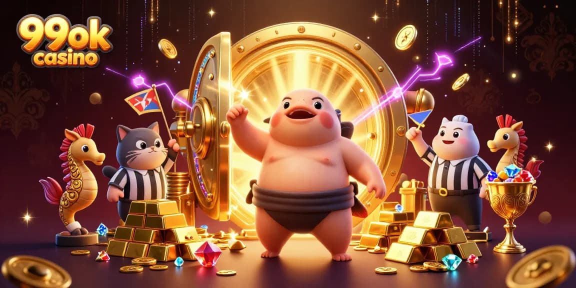 99ok casino showcases a vibrant underwater scene with a puffed fugu and wise catfish amidst treasure.