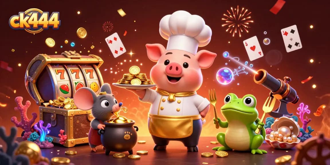Experience the excitement of ck444 casino with a vibrant 3D illustration featuring lively characters and gold treasures.