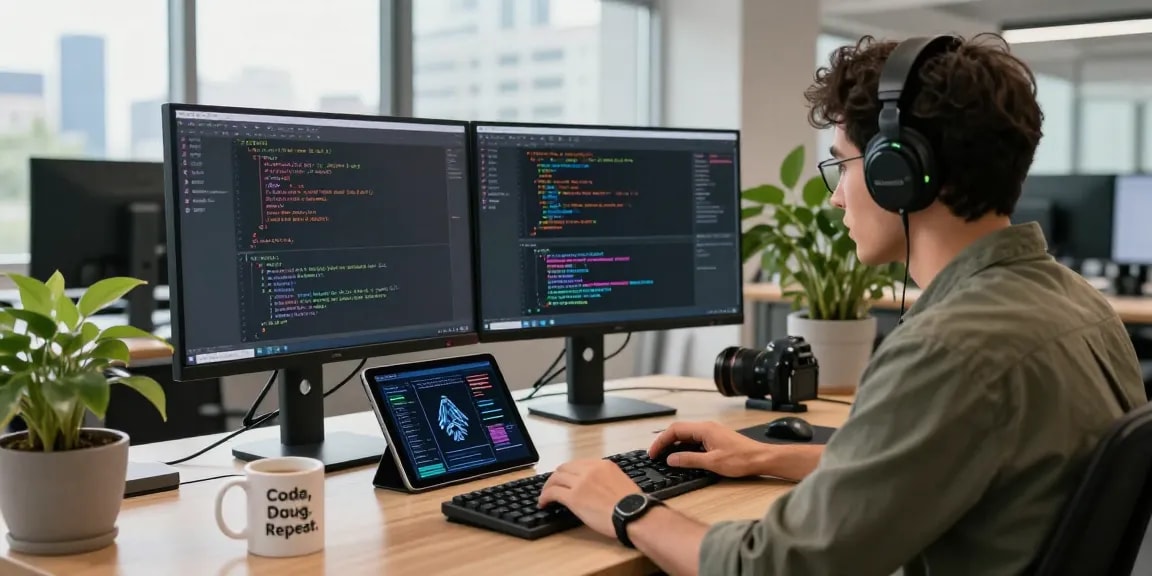 Software engineer coding generative AI models in a modern office