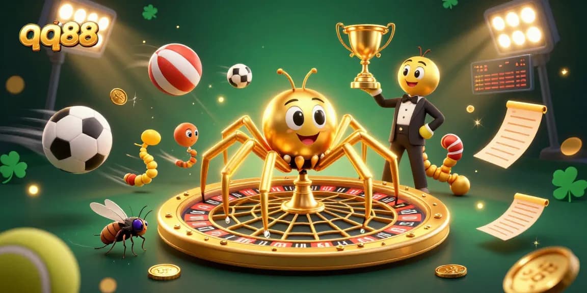 Experience the thrilling qq88 betting scene with a golden spider and centipede in a dynamic casino web.