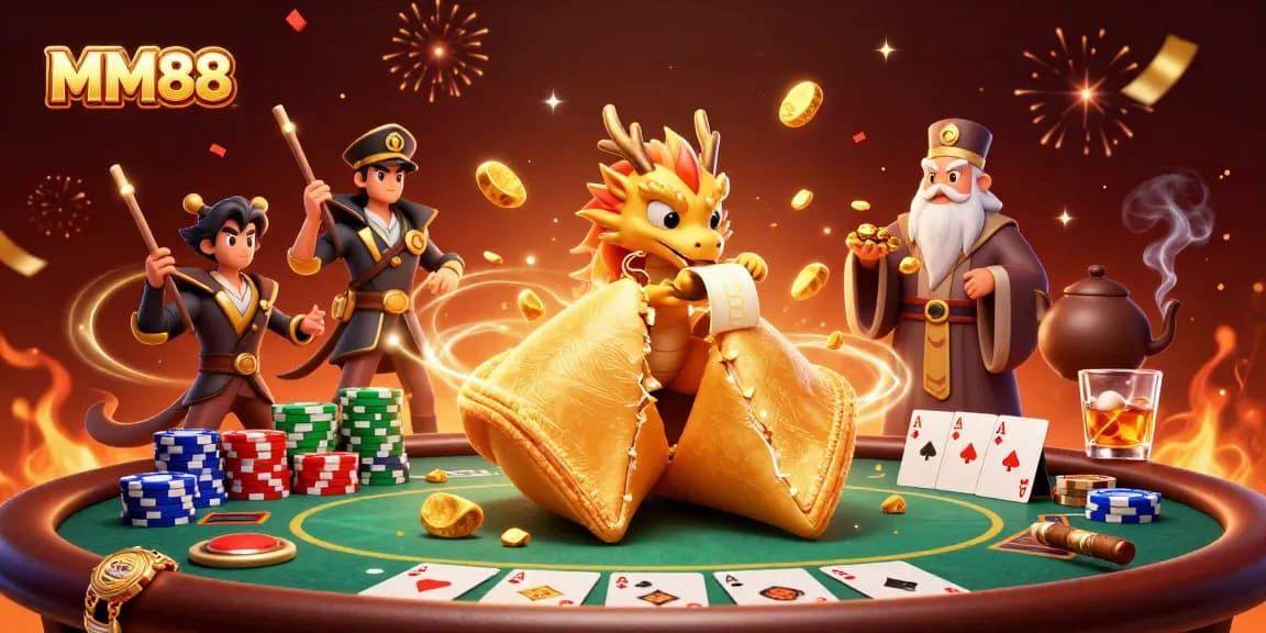 Engage in thrilling gameplay with MM88, featuring a rich 3D cartoon scene of poker excitement and lucky elements.