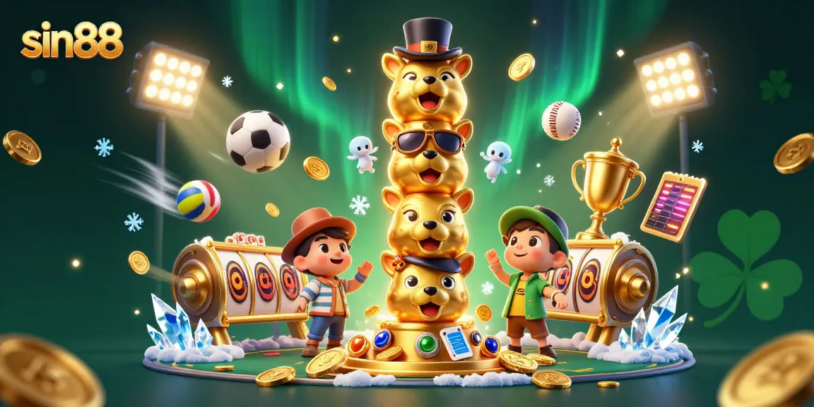Experience sin88's excitement with a vibrant illustration featuring casino elements and a totem pole.