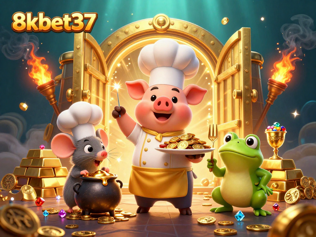 Bet on gameplay excitement at 8kbet37 with a pig chef serving golden treasures and fun!