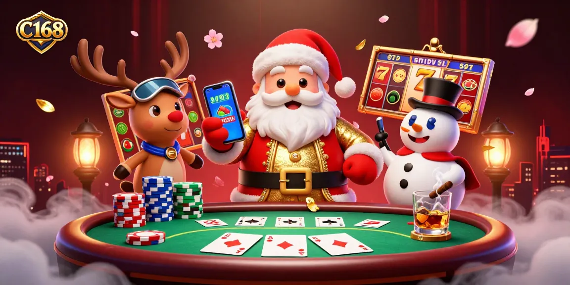 C168 captivates players in a lively casino with Santa and friends amidst vibrant slots and poker elements.