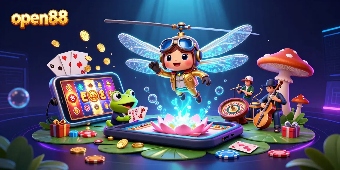 Experience excitement at open88 with a vibrant casino scene featuring a dragonfly pilot and frog dealer