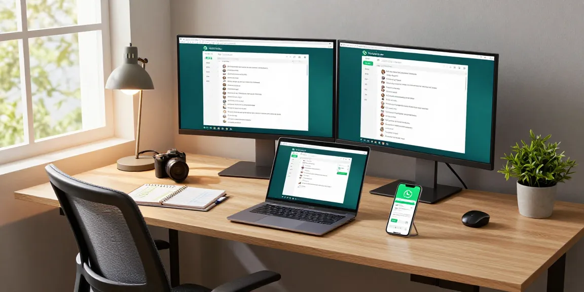 Using WhatsApp電腦版 in a modern home office with a laptop, smartphone, and productivity tools.