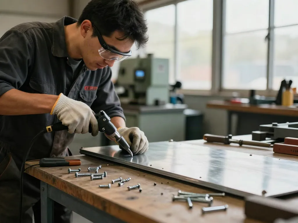 Un tecnico utilizza uno strumento di rivettatura di alta qualità per fissare fogli di metallo, evidenziando l'importanza dei rivetti.