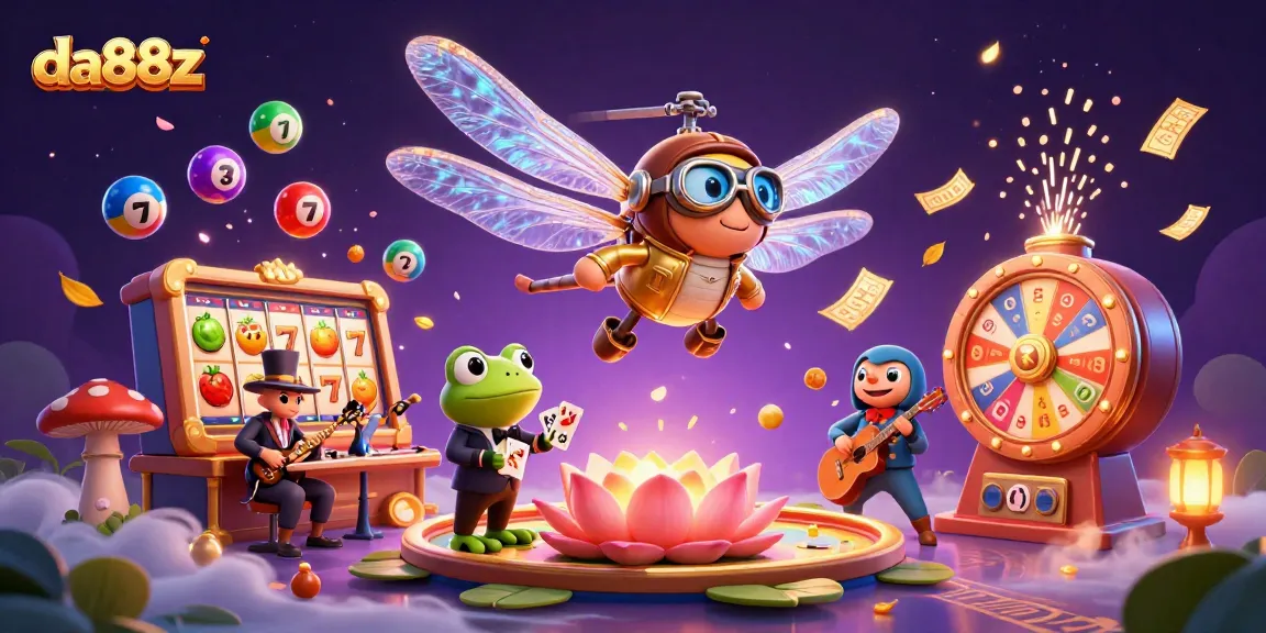 Experience dynamic gaming at da88z as a dragonfly pilot hovers over a lively casino scene.