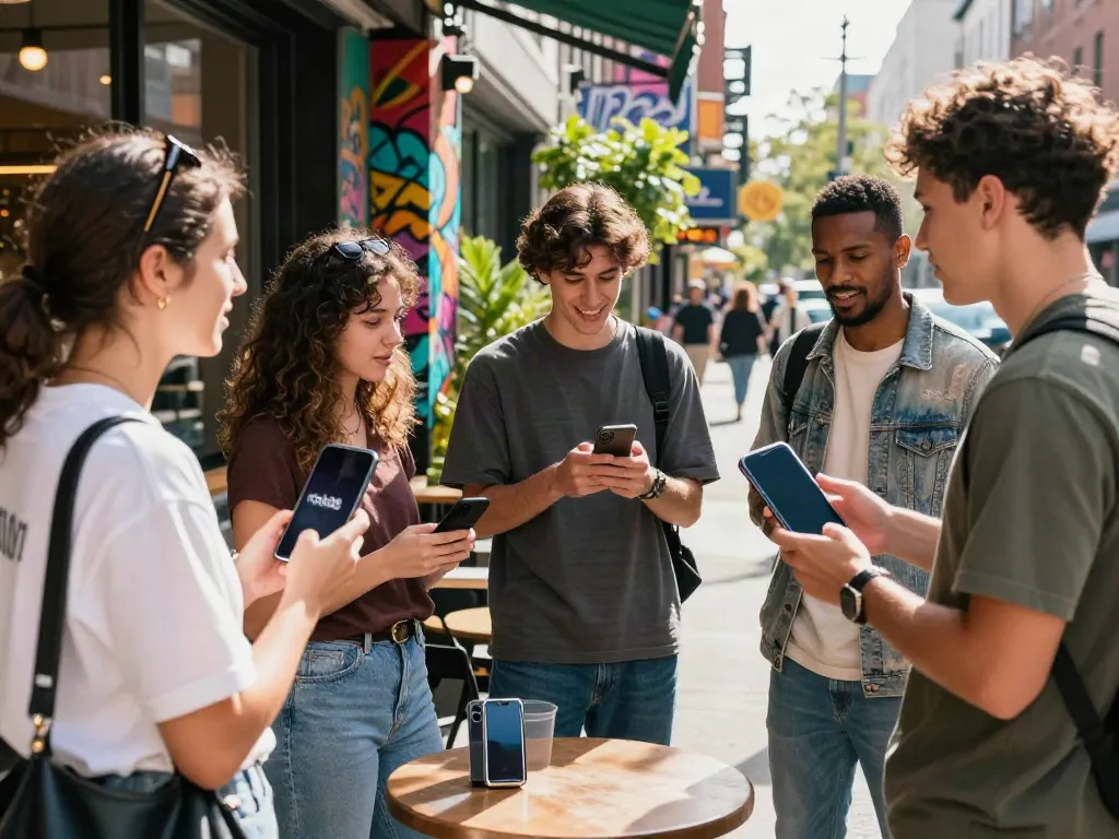 Young adults enjoying a vibrant urban café scene, one displaying rokok88 on a smartphone.
