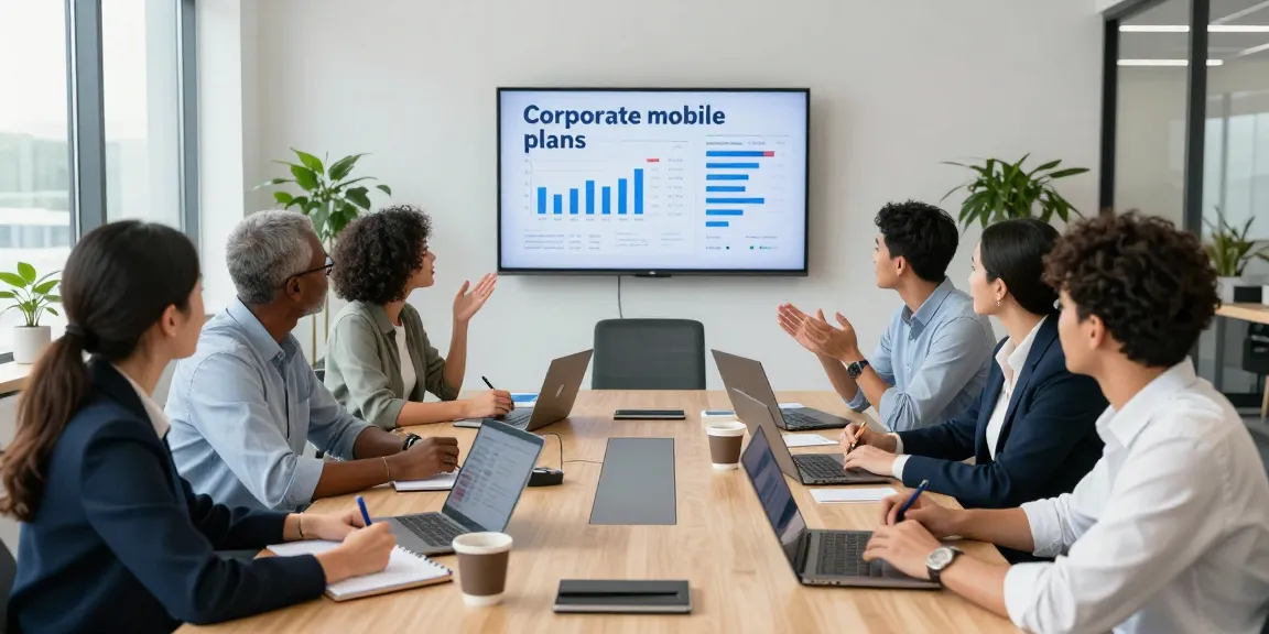 Team discussing corporate mobile plans UK in a modern office, showcasing collaboration and strategic discussion.