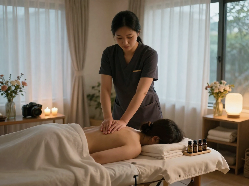 Relaxing 인천출장마사지 session with professional therapist in serene home.