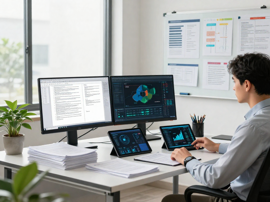 Engaged professional analyzing document fraud detection metrics and AI patterns in a modern office environment.
