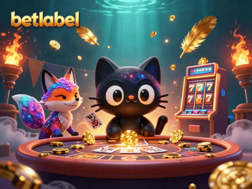 Betlabel casino offers a captivating gaming experience with vibrant characters attracting golden chips and cards.