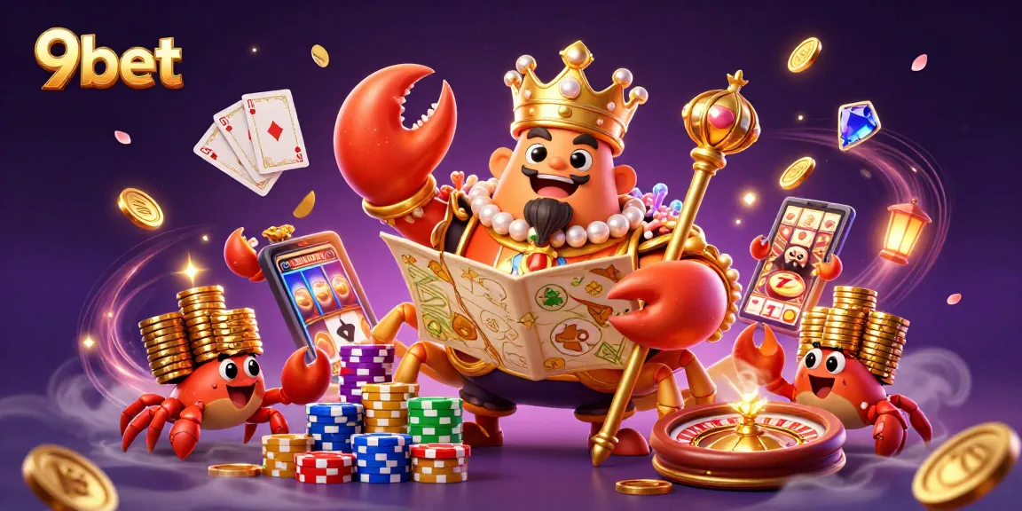 Join the excitement at 9bet's vibrant casino with a golden crab emperor amidst dazzling treasures.