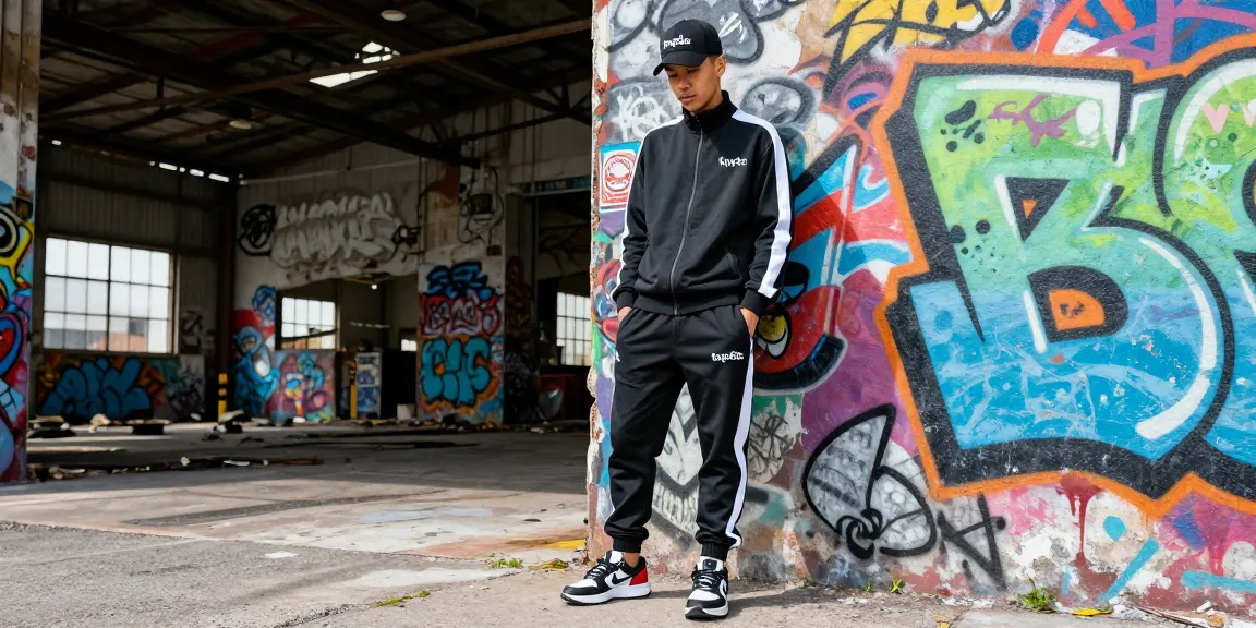 Tuta Trapstar Shooters in stile streetwear urbano contro un muro di graffiti.