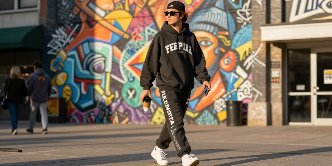 Felpa trapstar indossata in un contesto urbano con arte di strada.