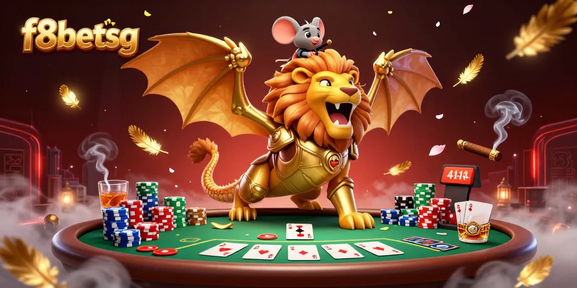 Experience thrilling gaming at f8betsg with a roaring chimera and poker setup in a vibrant 3D illustration.