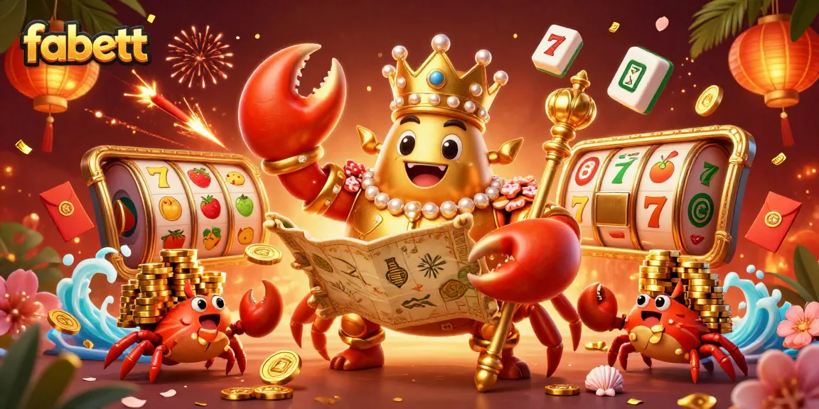Experience fabett casino excitement with vibrant 3D illustrations featuring a golden crab and slot reels.