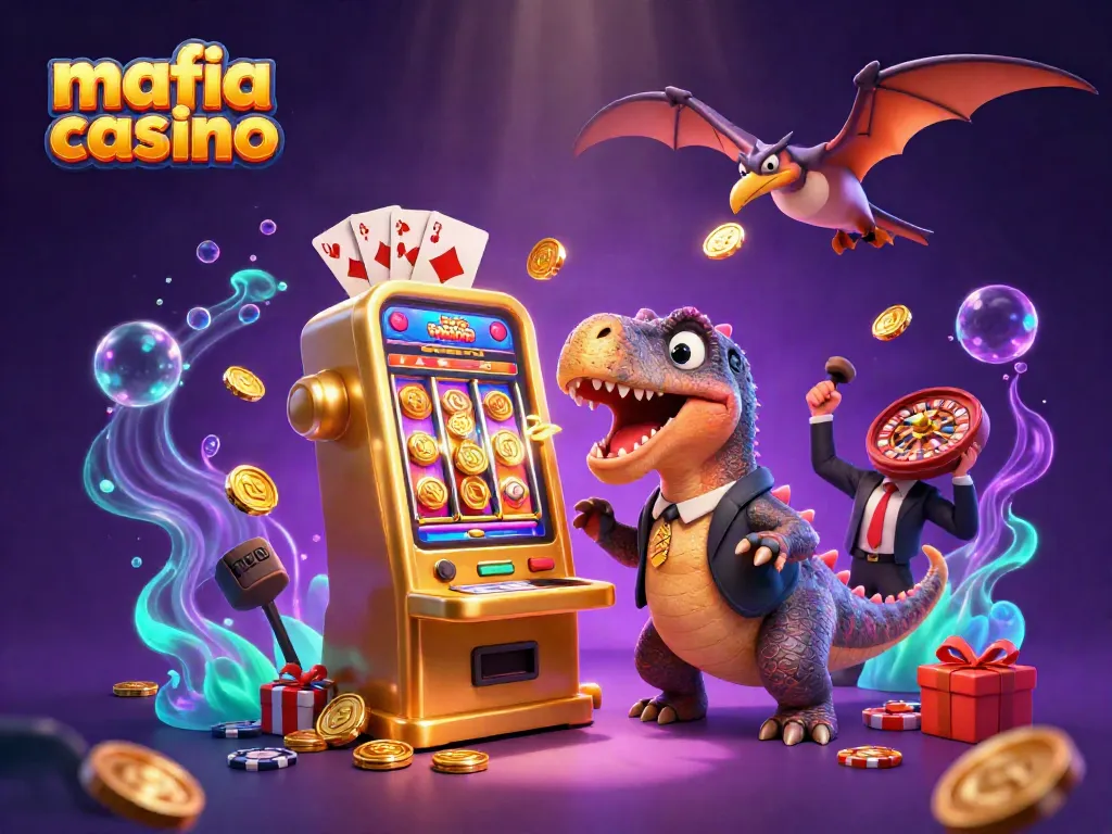 Experience excitement with "mafia casino" as a dinosaur hits a slot machine in a dynamic, colorful gaming scene.