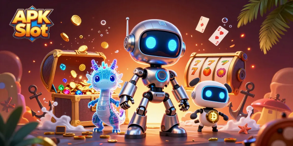 Engage with APK Slot gameplay surrounded by a neon cyberpunk robot, jackpots, and vibrant casino elements.