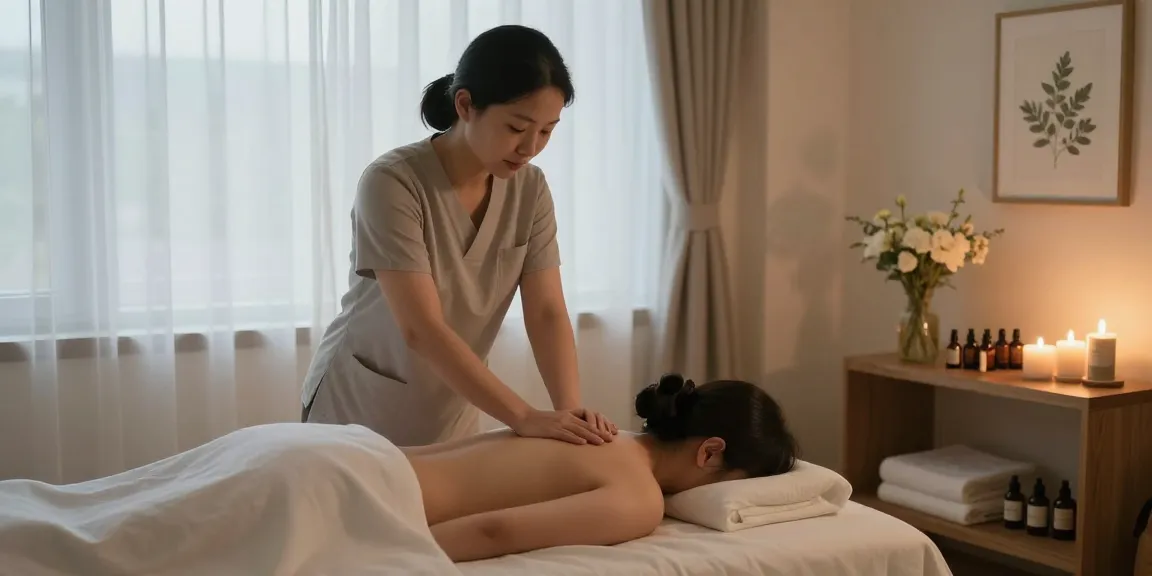 Relaxing 동탄출장마사지 therapy scene in tranquil spa environment with candles and soothing ambiance.