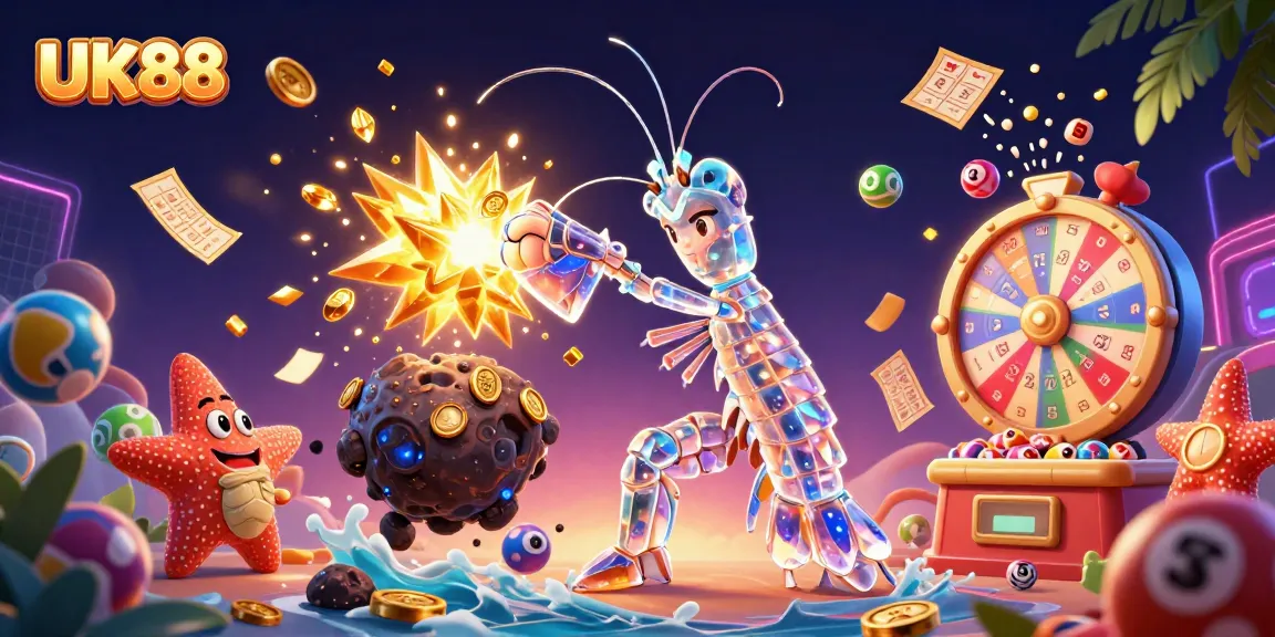 UK88 casino adventure scene showing a galactic samurai mantis shrimp and starfish amidst games and prizes.