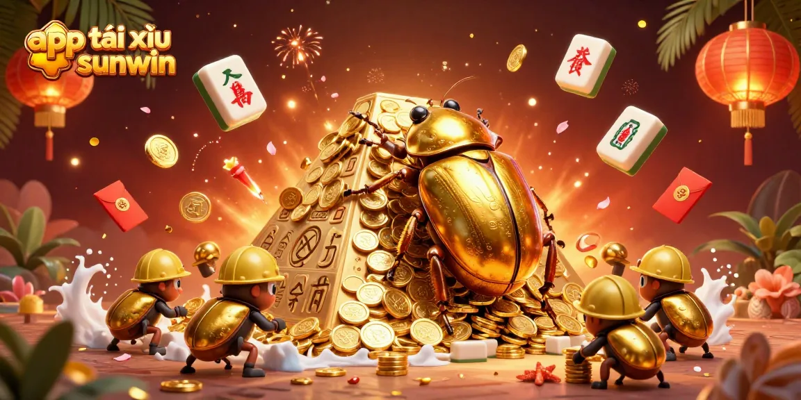 Engage with app tài xỉu sunwin, as a golden dung beetle rolls coins in a vibrant casino scene.