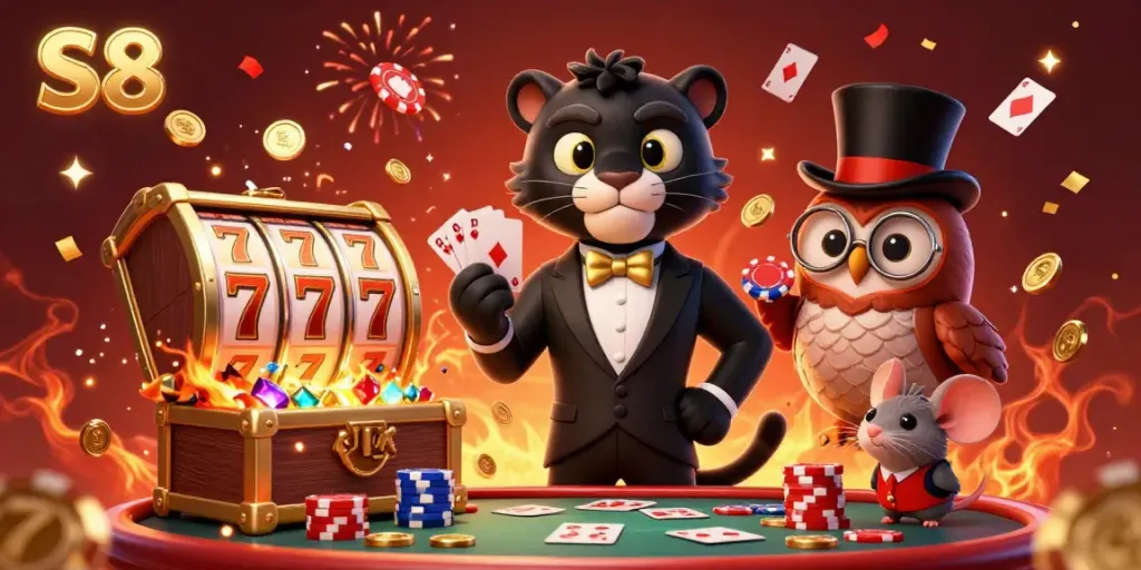S8 players strategizing in a vibrant casino scene with a charming panther and owl.