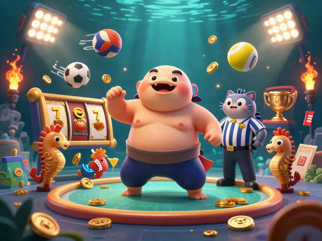 Mafia casino showcases a dynamic scene with a fugu, referee catfish, and fun elements like slot reels and gold coins.
