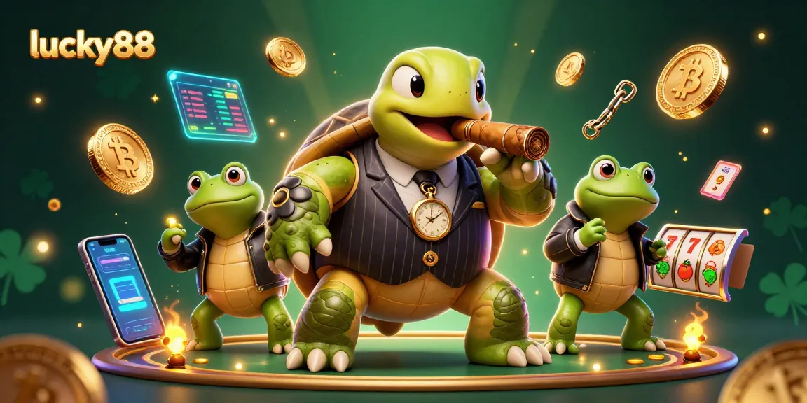 Play lucky88 with a vibrant turtle mobster, showcasing neon crypto coins and slot elements.