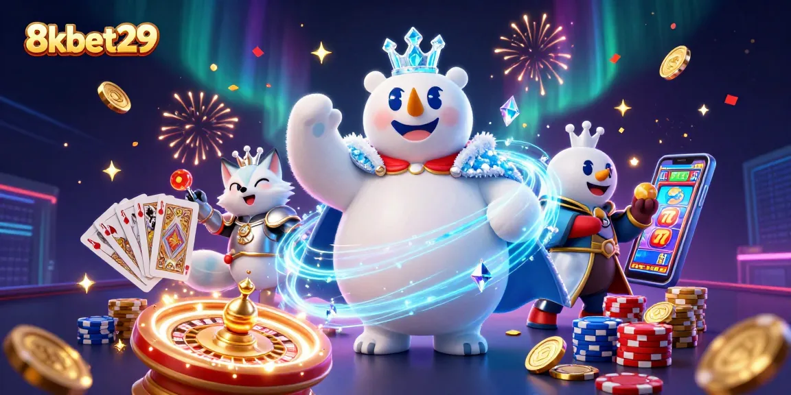 Celebrate with 8kbet29: A thrilling casino scene featuring dynamic gambling elements and enchanting characters.