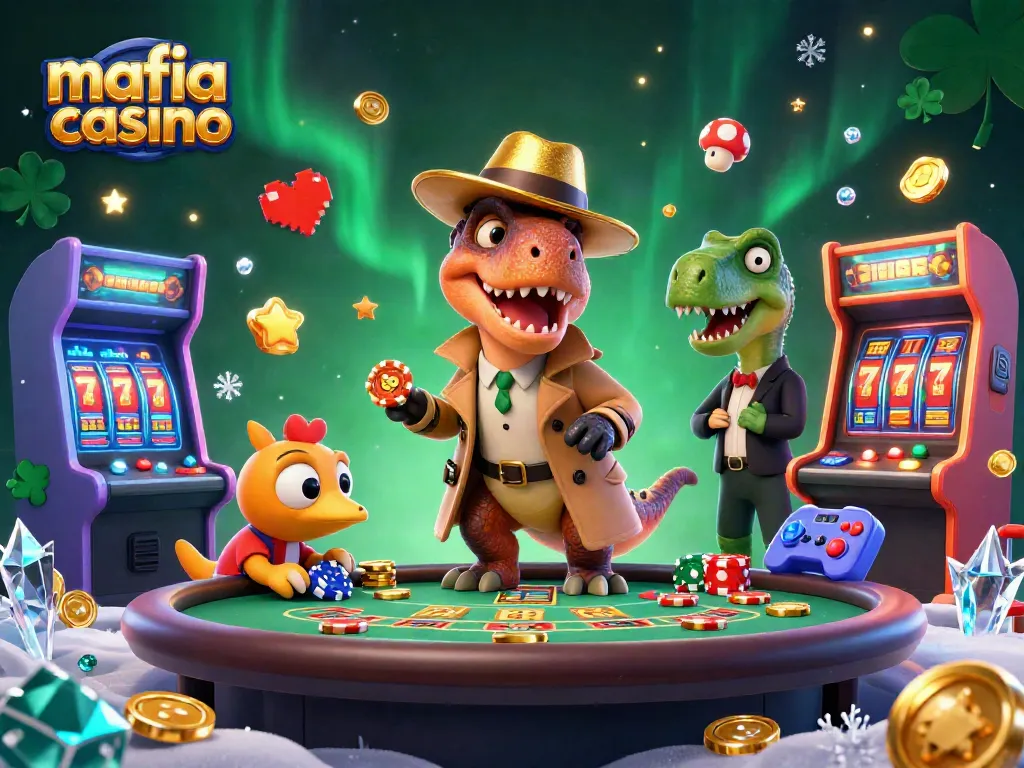 Mafia Casino features a velociraptor card counter and stegosaurus pit boss in a whimsical casino scene.