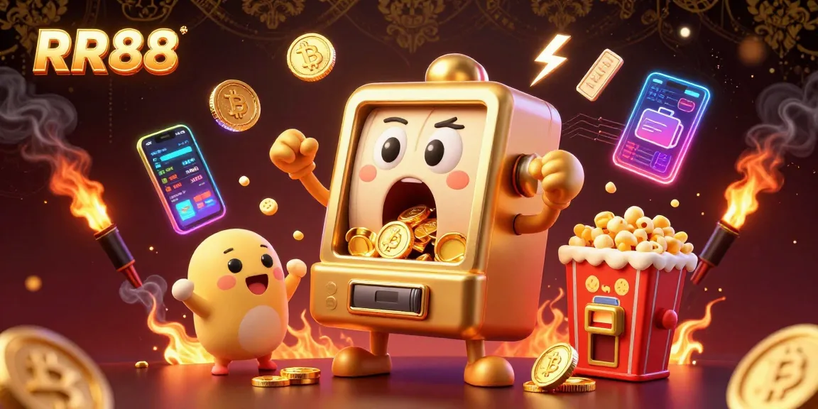 Play thrilling slot games at RR88 with a jackpot-winning golden machine and energetic cheering cast.