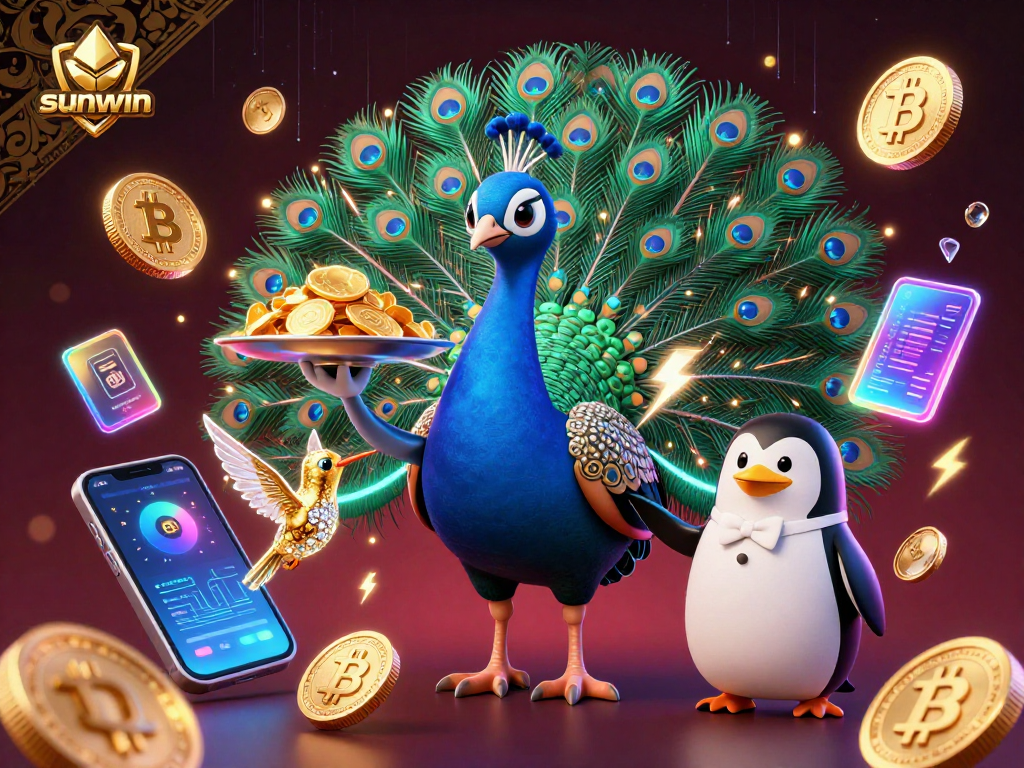 Experience the excitement of sunwin with a vibrant, enchanting casino scene featuring unique characters and crypto elements.
