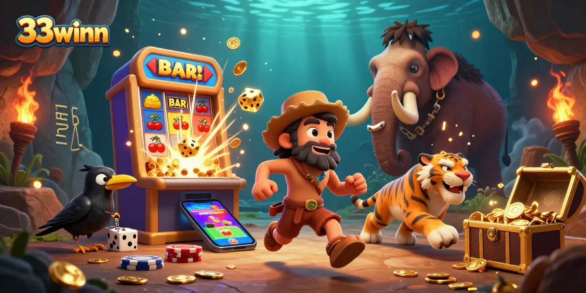Experience 33winn's thrilling 3D prehistoric casino with vibrant characters and dynamic elements.